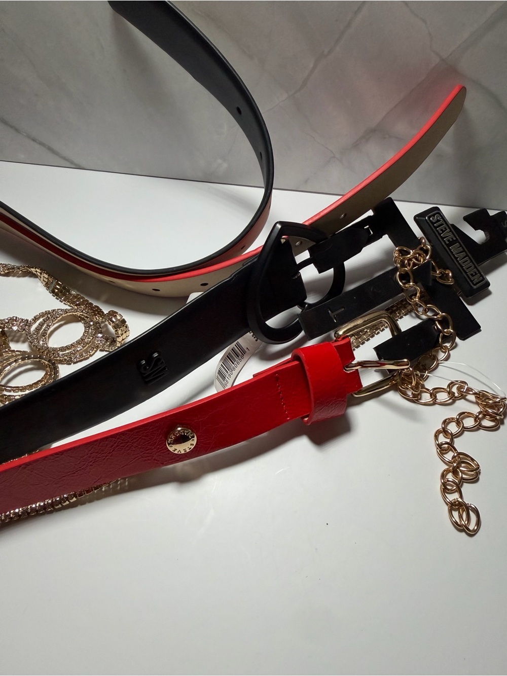 Steve Madden NWOT 3 belts red black and gold chain
